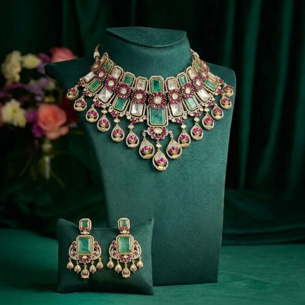 Royal Emerald & Ruby Polki Necklace Set
